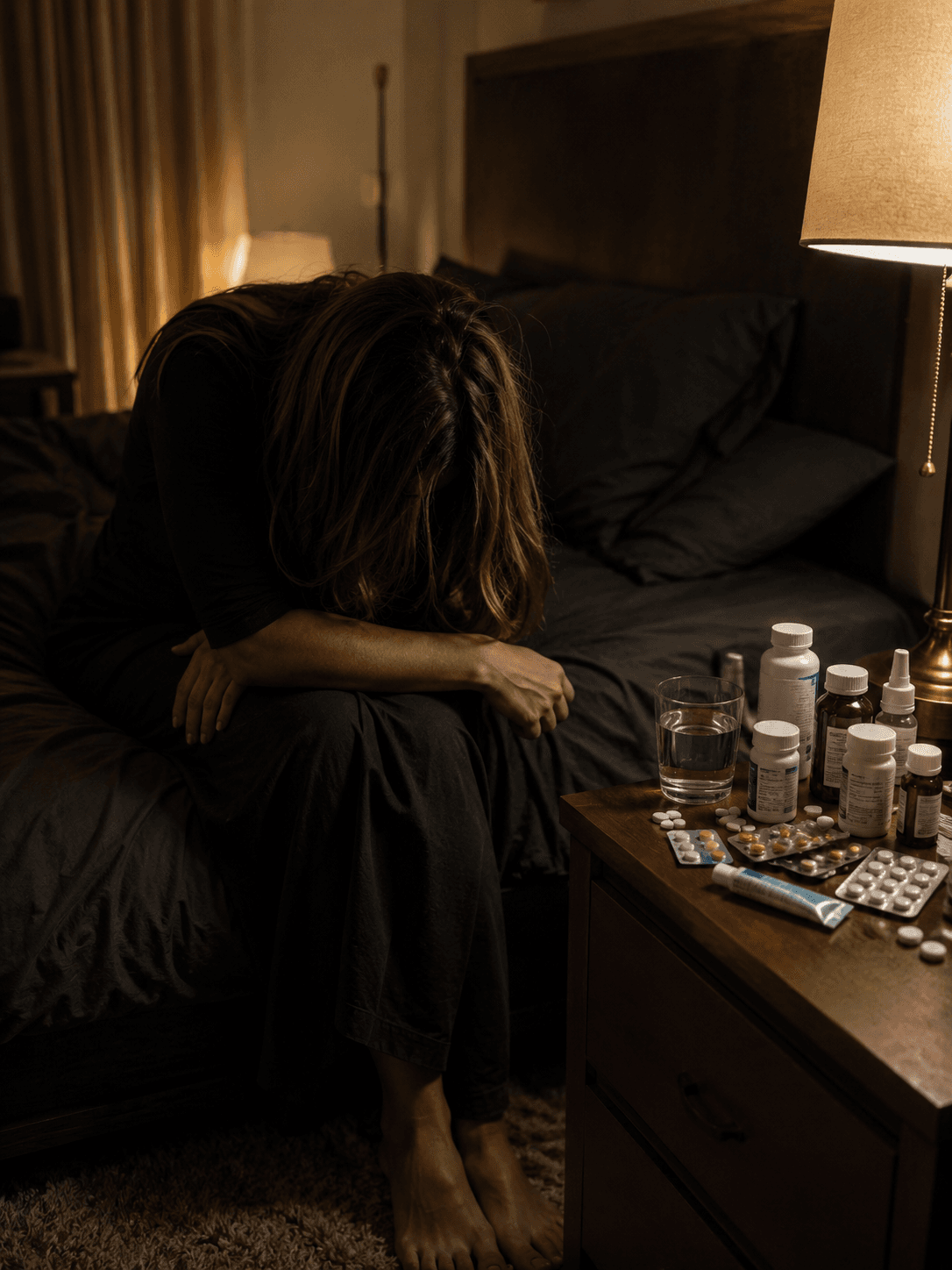 Paciente com dor crônica cercada de medicamentos — o equívoco de tratar fasceíte plantar apenas com remédios